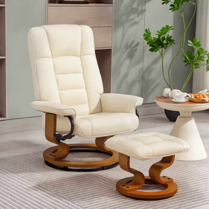 Swivel Recliner Chair with Footstool, Faux Leather, Up to 150 kg, Cream White