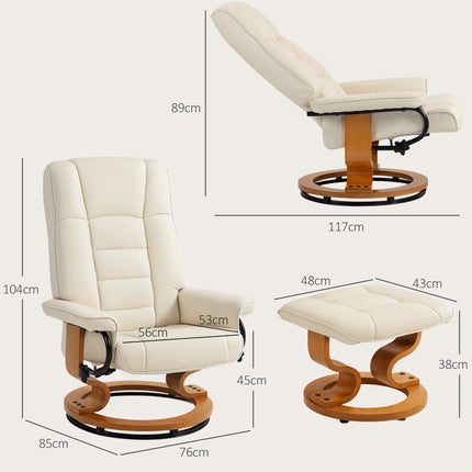 Swivel Recliner Chair with Footstool, Faux Leather, Up to 150 kg, Cream White