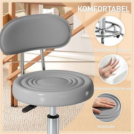 Swivel Stool with Backrest, Adjustable, Faux Leather, Gray