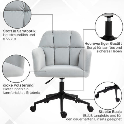 Höhenverstellbarer Samt-Bürostuhl – hellgrau, 120 kg Tragkraft