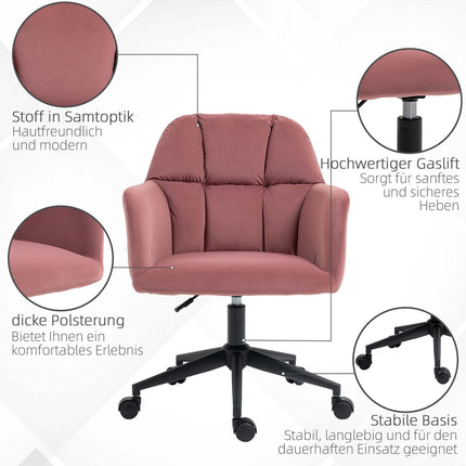 Rosa, höhenverstellbarer Bürostuhl aus Samt, Tragfähigkeit 120 kg