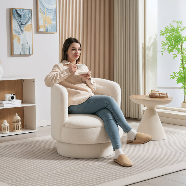Drehbarer Polstersessel, moderner Loungesessel mit Kautschukholzrahmen, für Wohnzimmer, Schlafzimmer, Cremeweiß