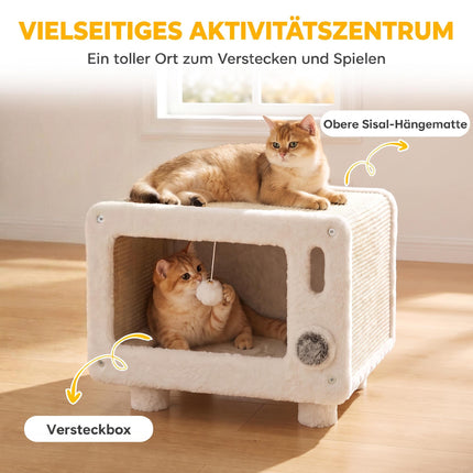 TV-Design Cat House with Hammock and Sisal Scratching Mat, Play Ball, White