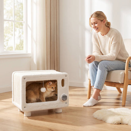TV-Design Cat House with Hammock and Sisal Scratching Mat, Play Ball, White