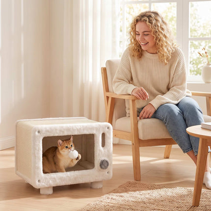 TV-Design Cat House with Hammock and Sisal Scratching Mat, Play Ball, White
