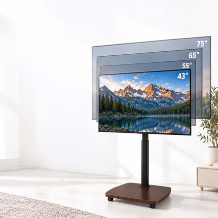 TV Floor Stand 43-75 Inch with Tilt and Swivel, Black, Brown Wood Effect