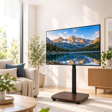 TV Floor Stand 43-75 Inch with Tilt and Swivel, Black, Brown Wood Effect