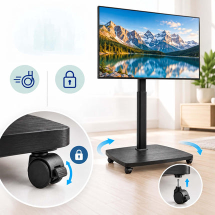 TV Floor Stand 43-75 Inch with Tilt and Swivel, Black, Brown Wood Effect