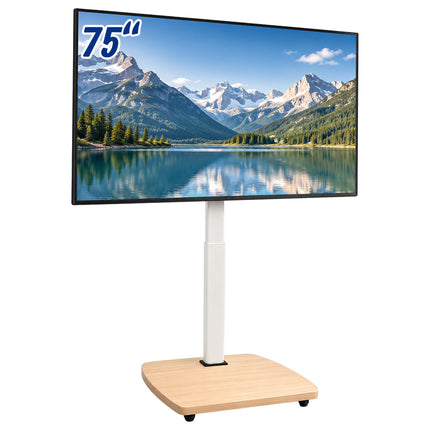 TV Floor Stand 43-75 Inch with Tilt and Swivel, White, Natural Wood Effect