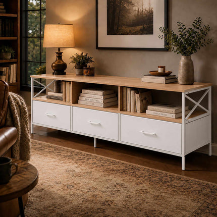 TV Lowboard with Storage, Wood-Look White, 120 cm