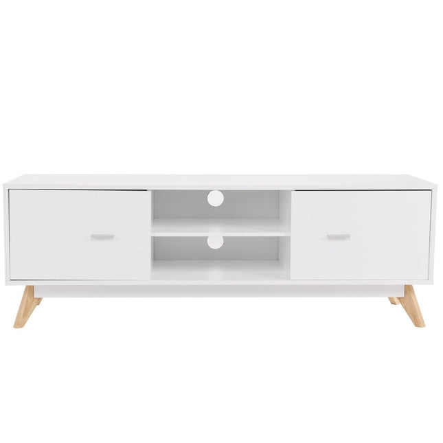 TV-Ständer für 60-Zoll-Fernseher, moderner TV-Konsolentisch mit Stauraum, Füße aus Massivholz, Weiß