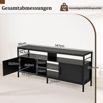 TV-Ständer für 65-Zoll-Fernseher mit 2 Schränken und 4 Ablagen, Schwarz