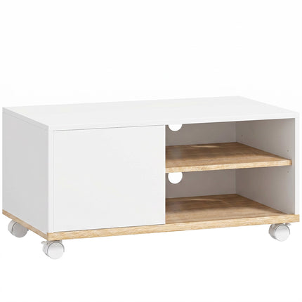 TV Stand on Wheels With Brakes, Adjustable Shelf, White Oak