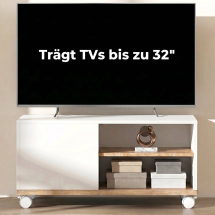 TV Stand on Wheels With Brakes, Adjustable Shelf, White Oak