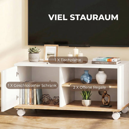 TV Stand on Wheels With Brakes, Adjustable Shelf, White Oak