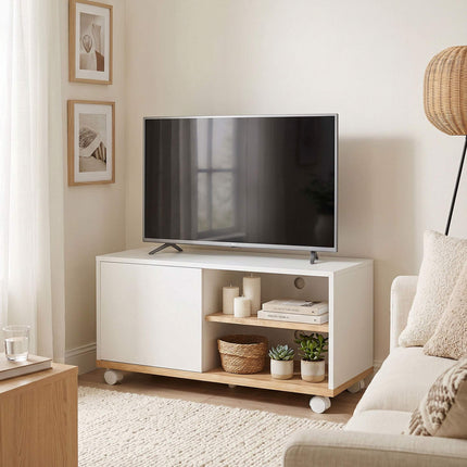 TV Stand on Wheels With Brakes, Adjustable Shelf, White Oak