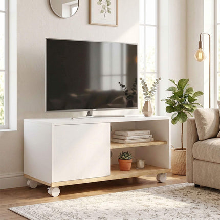 TV Stand on Wheels With Brakes, Adjustable Shelf, White Oak