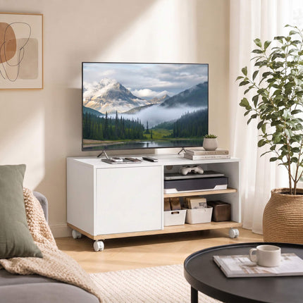 TV Stand on Wheels With Brakes, Adjustable Shelf, White Oak