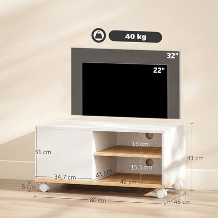 TV Stand on Wheels With Brakes, Adjustable Shelf, White Oak