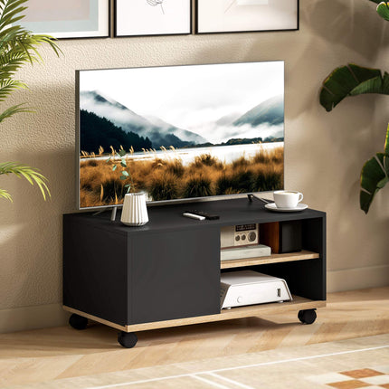 TV Stand on Wheels with Brakes, Cabinet, Black Oak