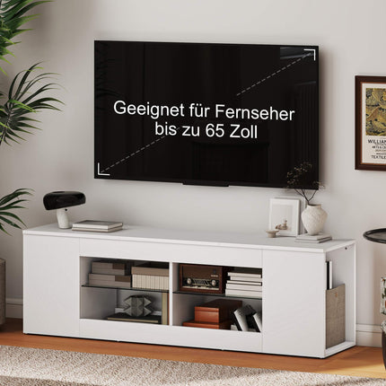 TV stolek se 6 policemi, 2 skleněné police, 140 cm, bílý