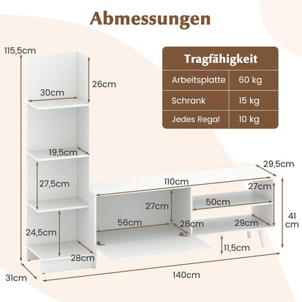 TV Stand with Adjustable Shelf & Bookshelf, White, 140cm