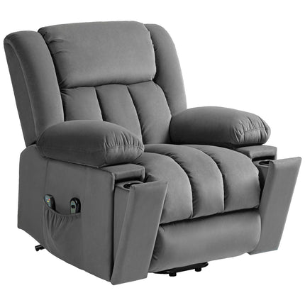 Fauteuil TV avec aide à la verticalisation, fauteuil de relaxation électrique avec fonction massage/chauffage/inclinaison, fauteuil TV avec porte-gobelet, espace de rangement, ports USB et télécommande, velours, gris foncé