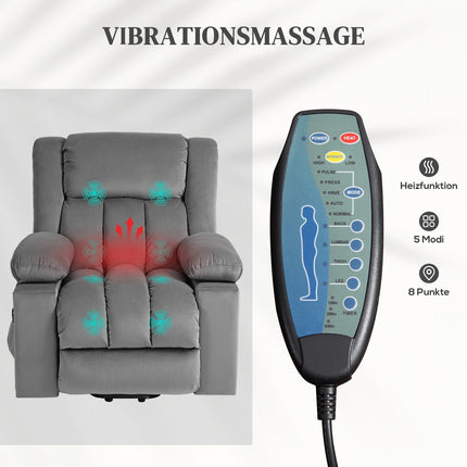 Fauteuil TV avec aide à la verticalisation, fauteuil de relaxation électrique avec fonction massage/chauffage/inclinaison, fauteuil TV avec porte-gobelet, espace de rangement, ports USB et télécommande, velours, gris foncé