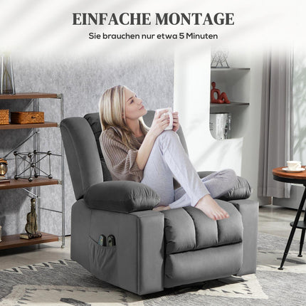 Fauteuil TV avec aide à la verticalisation, fauteuil de relaxation électrique avec fonction massage/chauffage/inclinaison, fauteuil TV avec porte-gobelet, espace de rangement, ports USB et télécommande, velours, gris foncé