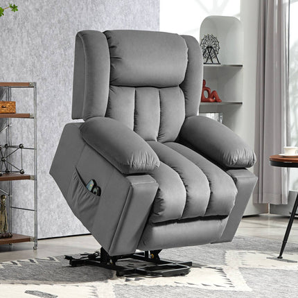 Fauteuil TV avec aide à la verticalisation, fauteuil de relaxation électrique avec fonction massage/chauffage/inclinaison, fauteuil TV avec porte-gobelet, espace de rangement, ports USB et télécommande, velours, gris foncé