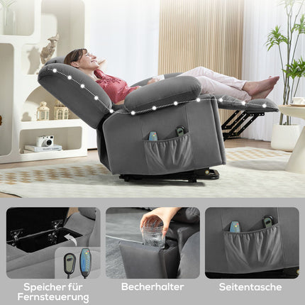 Fauteuil TV avec aide à la verticalisation, fauteuil de relaxation électrique avec fonction massage/chauffage/inclinaison, fauteuil TV avec porte-gobelet, espace de rangement, ports USB et télécommande, velours, gris foncé