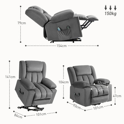 Fauteuil TV avec aide à la verticalisation, fauteuil de relaxation électrique avec fonction massage/chauffage/inclinaison, fauteuil TV avec porte-gobelet, espace de rangement, ports USB et télécommande, velours, gris foncé