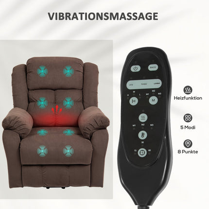TV-fauteuil met sta-op-hulp, elektrische relaxfauteuil met lig-, massage- en verwarmingsfunctie, TV-fauteuil met pocketveringkern, zijvak en afstandsbediening, donkerbruin