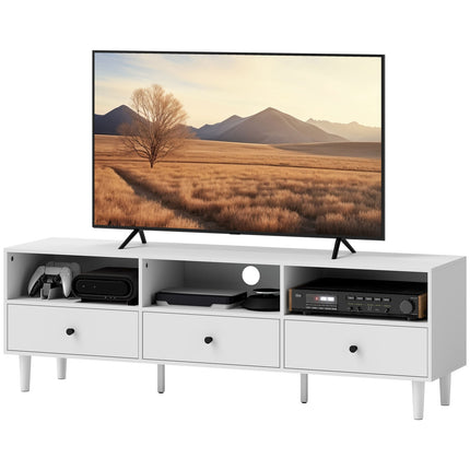TV-kast TV-plank met lades, 3 open vakken 140 cm lang TV-lowboard met kabelmanagement voor TV's tot 75 inch TV-tafel voor woonkamer wit 140x34x45cm Aosom