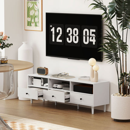 TV-kast TV-plank met lades, 3 open vakken 140 cm lang TV-lowboard met kabelmanagement voor TV's tot 75 inch TV-tafel voor woonkamer wit 140x34x45cm Aosom