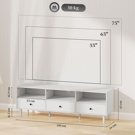 TV-kast TV-plank met lades, 3 open vakken 140 cm lang TV-lowboard met kabelmanagement voor TV's tot 75 inch TV-tafel voor woonkamer wit 140x34x45cm Aosom