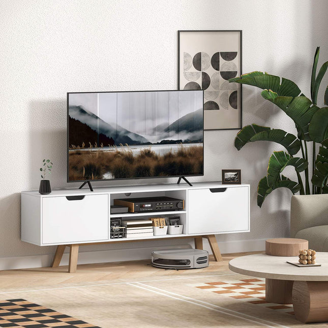 Weißes TV-Rack, passend für Fernseher bis 65 Zoll, 2 Schränke und Ablagen