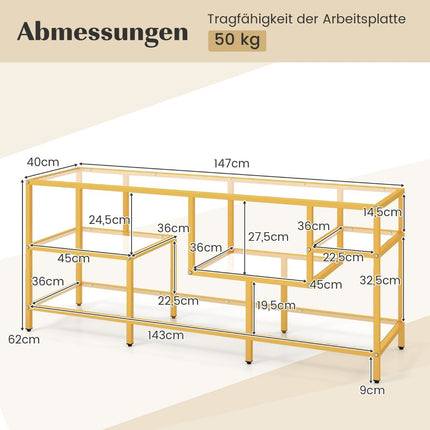 TV cabinet TV table for televisions up to 65 inches TV table gold 147 x 40 x 62 cm