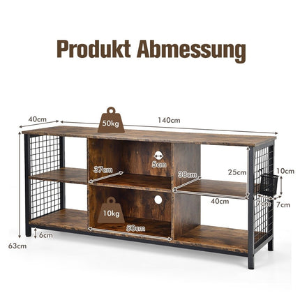 TV cabinet lowboard with open compartments TV shelf for televisions up to 65 inches 140 x 40 x 62.5 cm Rustic brown