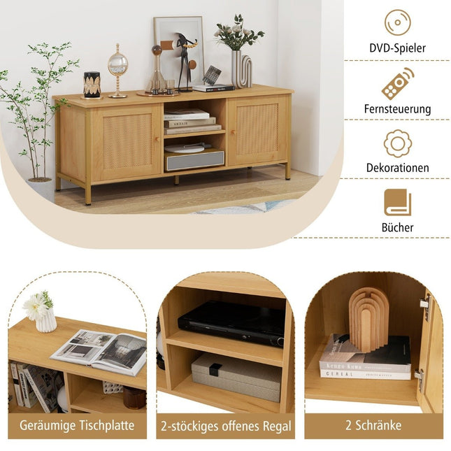 TV-Schrank Rattan Lowboard mit 2 Türen und offenen Regalen Fernsehtisch für Fernseher bis 55 Zoll 120 x 40 x 48 cm