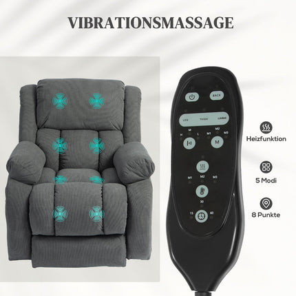 TV chair with massage and heat function, electric riser, remote control, side pockets, grey