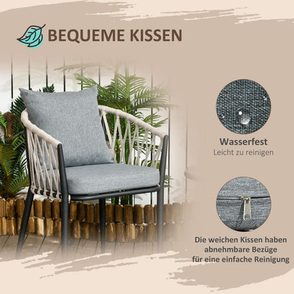 Balkonset – Stahltisch & 2 Stühle mit Auflagen, grau