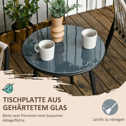 Balkonset – Stahltisch & 2 Stühle mit Auflagen, grau