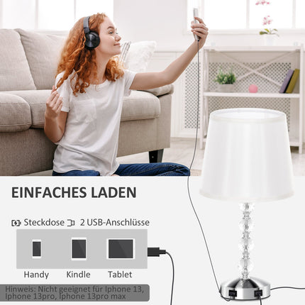 LED-Tischleuchte, Kristall, USB-wiederaufladbar, Silber, E27-Fassung