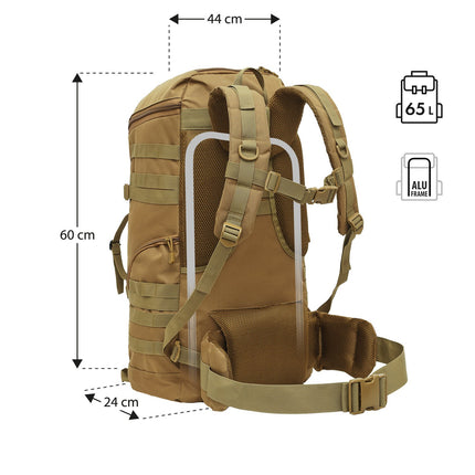 Taktischer Rucksack, Sandfarben, 65 Liter Fassungsvermögen