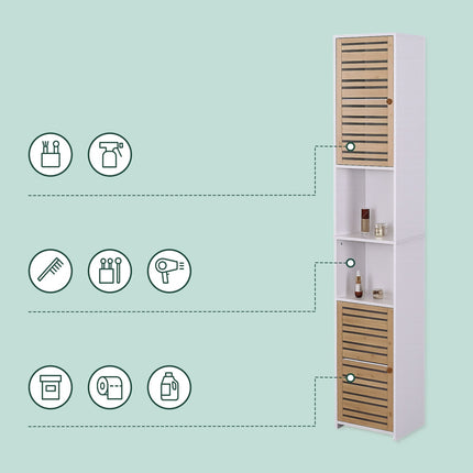 Hoher Badezimmerschrank, 190 cm, Weiß, Bambustüren