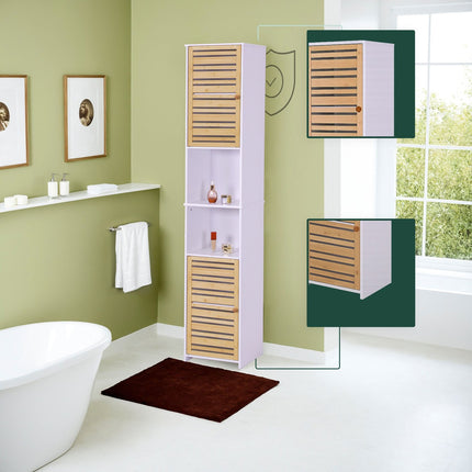 Hoher Badezimmerschrank, 190 cm, Weiß, Bambustüren