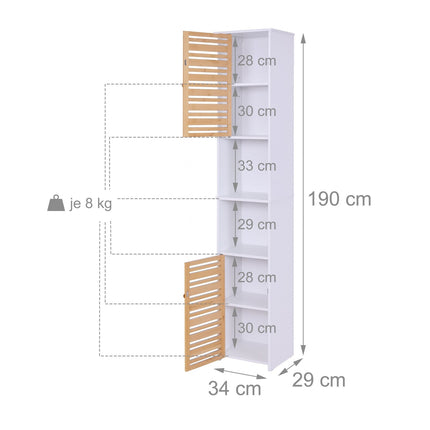 Hoher Badezimmerschrank, 190 cm, Weiß, Bambustüren