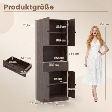 Hoher Badschrank, 4 Türen, 1 Schublade, verstellbarer Einlegeboden