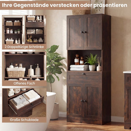 Hoher Badschrank, 4 Türen, 1 Schublade, verstellbarer Einlegeboden